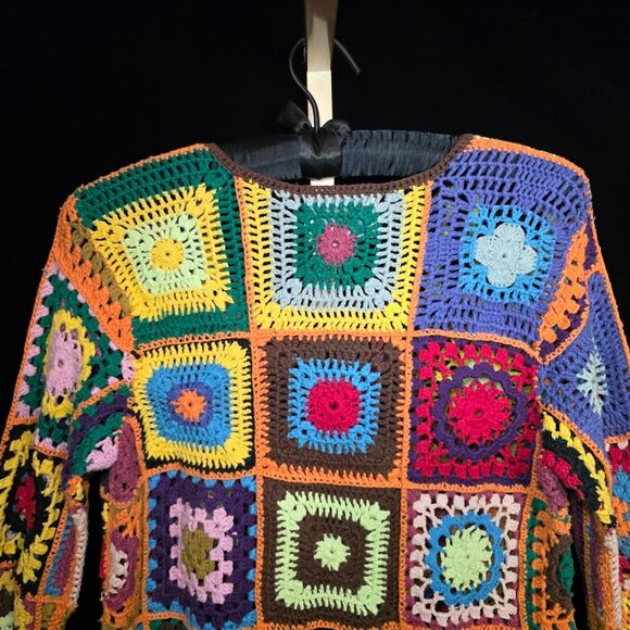 Vintage 90s Express Tricot Granny Square Crochet Sweater L - Picture 6 of 9